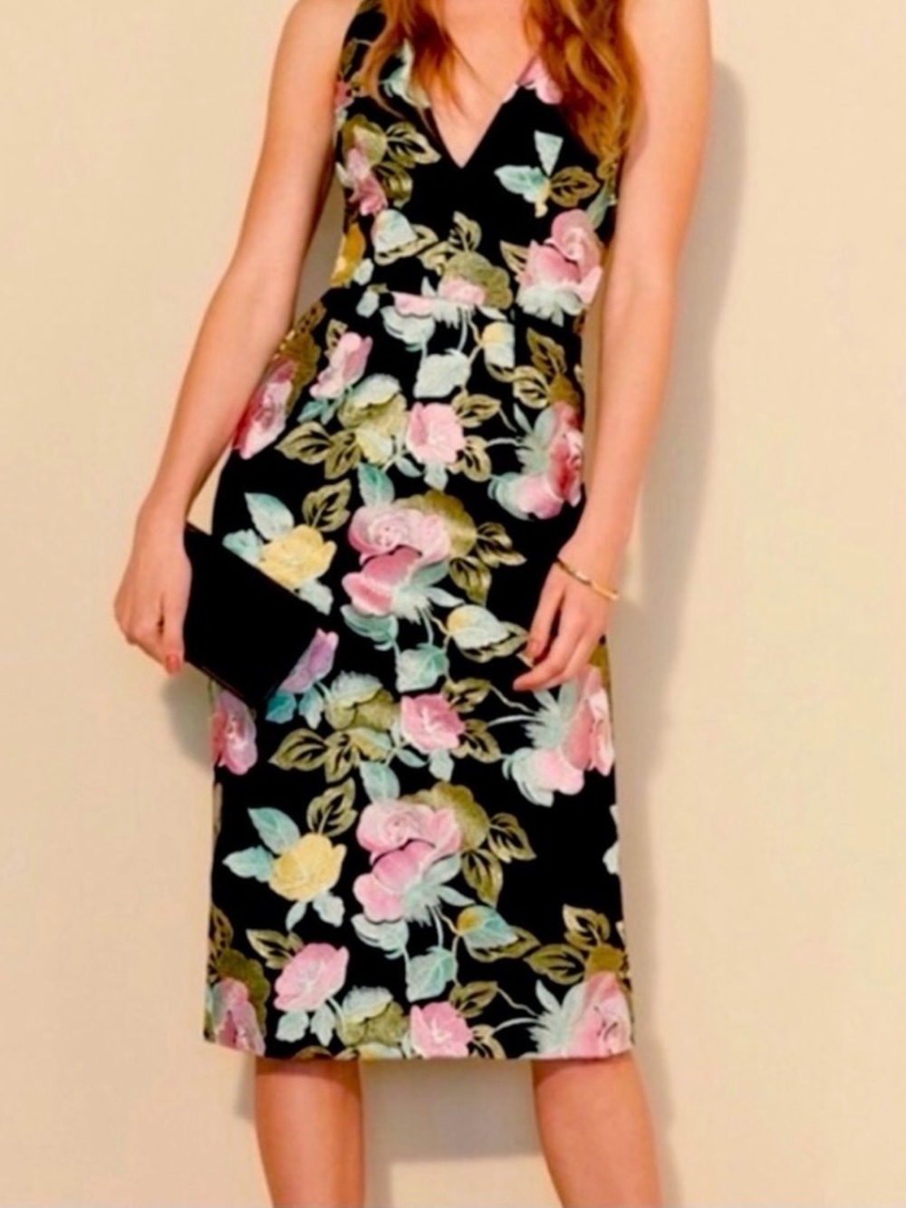 Dress the Population Black Midi Dress with Pastel Floral Print, Sz XS, pre-owned
